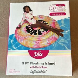 New Justice 5ft Inflatable Floating Island w/ Grab Rope.Pink Spiral Dye. Ages 6+